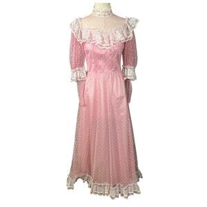 VTG 70's 80's Pink Ruffle Lace Dress Polka Dot Small Formal Coquette Event